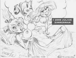 2009 2girls areola breasts crossover disney disney_fairies erect_nipples fairy female julius_zimmerman monochrome multiple_girls nipples peter_pan_(disney) smurfette the_smurfs tinker_bell yuri