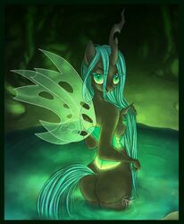 2013 animal_ears anthro ass black_fur blue_hair breasts fangs female friendship_is_magic furry green_eyes horn horse_ears insect_wings long_hair looking_at_viewer looking_back ms-seven0 msseven my_little_pony nipples partially_submerged queen_chrysalis queen_chrysalis_(mlp) smooth_skin solo standing tail water wings