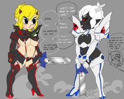 2girls blonde_hair cleavage dark_link dark_linka demonic_eyes eyeshadow female genderswap_(mtf) heels hylian junketsu kae-est_art kill_la_kill kiryuuin_satsuki_(cosplay) large_breasts link linka lipstick makeup master_sword matoi_ryuuko_(cosplay) pale_skin red_eyes rule_63 senketsu short_hair shortstack simple_background tagme the_legend_of_zelda toon_link toon_linka white_hair