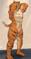 anthro balls colored_sketch feline flaccid hands_behind_head humanoid_penis looking_at_viewer male male_only mammal muscular muscular_male nude pecs penis retracted_foreskin rowf solo standing thick_penis tiger uncut