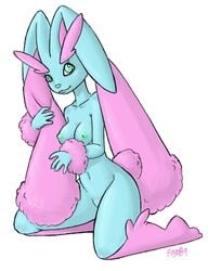 alternate_color anthro breasts cyan_fur exposed_breasts female female_only fur furry furry_breasts kneeling lopunny nudity pink_fur pokemon pokemon_(species) rapps solo white_background