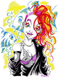 2012 breasts dc delirium_of_the_endless earrings female_only fish fishnet multicolored_hair nipples piercings purple_bra the_sandman vertigo_comics