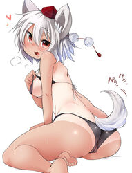 2015 aki_(akikaze_asparagus) animal_ears ass bikini blush breasts cameltoe female fur grey_fur grey_hair hat heart humanoid looking_at_viewer momiji_inubashiri open_mouth red_eyes simple_background sitting solo suntan swimsuit touhou white_background wolf_ears