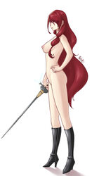 1girls artist_name atlus black_boots black_footwear boots boots_only breasts expressionless eyebrows_visible_through_hair eyes_visible_through_hair female footwear hair_over_one_eye hand_on_hip high_heel_boots human knee_boots looking_at_viewer mitsuru_kirijo naked naked_boots naked_female naked_footwear naked_with_shoes_on nude nude_female persona persona_3 red_eyes red_hair rellert shoes_only side_view solo sword very_long_hair weapon white_background