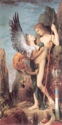 1boy 1girls ancient_greece fine_art greek_mythology gustave_moreau looking_at_another looking_at_partner male mythology oedipus outdoors painting_(artwork) public_domain sphinx standing straight_hair traditional_art tragedy