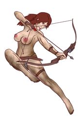 1girls action_pose areolae arrow barefoot belt bow bow_(weapon) bow_and_arrow breasts brown_eyes brown_hair dirty earrings female female_focus female_only human lara_croft lara_croft_(survivor) large_breasts lipstick navel necklace nipple_piercing nipples no_bra nudity panties piercing ponytail pose ranged_weapon rivawi solo solo_female solo_focus tagme thong tied_hair toe_ring tomb_raider topless underwear weapon white_background