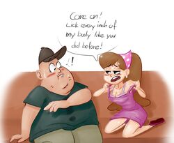 1boy 1girls cleavage disney disney_channel english_text fat_man female gravity_falls male smooth_skin soos_ramirez tagme text white_background