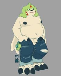 2021 4:5 absurd_res anthro balls belly bottomwear clothing digimon digimon_(species) fangs flaccid gargomon genitals hi_res lock-wolf male moobs navel overweight overweight_anthro overweight_male pants penis solo