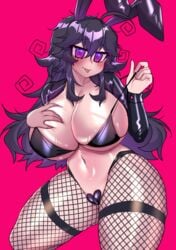 ass_visible_through_thighs big_breasts blush bunny_ears bunny_girl bunnysuit crawling_dreams curvy dark_hair fishnets goth huge_breasts long_hair looking_at_viewer nyarla_(crawling_dreams) nyarla_(osiimi) open_mouth osiimi purple_eyes reverse_bunnysuit thick_thighs thighhighs wide_hips