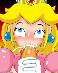 1boy 1girls andersonicth blue_eyes blush clothes color crown cum cum_in_mouth cum_inside elbow_gloves fellatio female gloves human insertion male mario_(series) nintendo oral penis piercing pov princess_peach straight