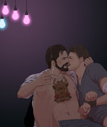 2boys bandage bandaged_arm beard belly_button blue_light blue_pants blue_shirt brown_hair buck_hughes chest_tattoo cigarette clenched_fist clenched_fists clenched_hand clenched_hands closed_eyes doubleleaf far_cry far_cry_3 fists_clenched forced_kiss gay grabbing_hair hands_clenched hands_tied holding_cigarette holding_hair holding_object jason_brody jean_shorts jeans jorts kissing light-skinned_male lightbulb lights male male_nipples multiple_males necklace older_dom_younger_sub older_man_and_younger_boy open_eyes open_shirt pink_light sex_slave short_shorts stubble tagme tattoo tattoo_on_chest tied_arms tied_wrists yaoi