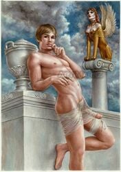 artimarkz blonde_hair dick_stinks egyptian_mythology erect_nipples erection_under_clothes finger_on_chin functionally_nude gay greek_mythology leaning_on_elbow looking_at_viewer male mythology oedipus partially_retracted_foreskin penis public_domain sphinx statue translucent_clothing