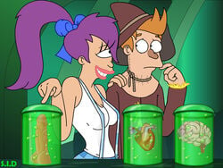 1_eye 1boy 1girls brain breasts cyclops dorothy_gale female female_focus fully_clothed futurama heart male no_sex orange_hair organs philip_j_fry purple_hair s.i.d the_wizard_of_oz tight_clothing turanga_leela veiny_penis