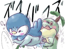 blush closed_eyes no_humans piplup pokemon pokemon_(species) pokemon_dppt speech_bubble tears turtwig vines white_background yellow_eyes