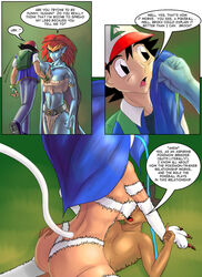 brock_(pokemon) capcom catapult_beetle clothing comic crossover darkstalkers felicia_(darkstalkers) female girl_on_top male nintendo pokemon pokerotica small_breasts