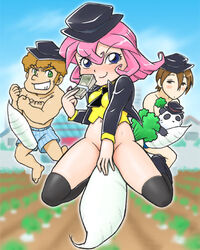 1girls 2boys cousins hideki ichiro lowres mako_(nerima_daikon_brothers) mochi-iri_kinchaku nerima_daikon_brothers pandaikon pink_hair