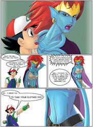 1boy 1girls blue_skin catapult_beetle comic crossover demona disney eastern_and_western_character gargoyles nintendo pokemon pokerotica satoshi_(pokemon) white_background