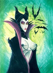 1990s 1999 1girls 20th_century bat breasts breasts_out cape clothes color disney disney_villains elf_(artist) fairy female female_only horns human maleficent nipple_chain nipple_piercing nipples partially_clothed pencil_(artwork) piercing sleeping_beauty_(1959_film) solo villain villainess witch yellow_sclera