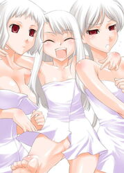 3girls albino barefoot breasts cleavage closed_eyes fate/stay_night fate_(series) female female_only flat_chest happy hug illyasviel_von_einzbern large_breasts leysritt long_hair multiple_girls naked_towel red_eyes sella sella_(fate) shinama toes towel type-moon