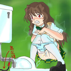 artist_request blue_panties bow bow_panties brown_hair clenched_teeth electric_shock electrocution ichigo_morino kneehighs lace-trimmed_panties lowres morino_ichigo onegai_teacher panties panty_pull peeing pussy red_eyes shocking solo squat_toilet squatting surprised thighhighs toilet toilet_use translated underwear white_legwear