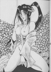 1girls artist_request breasts curvy female headband human japanese_clothes kimono large_breasts long_hair looking_at_viewer monochrome nipples no_bra no_panties open_clothes open_shirt outlaw_star shirt solo sword twilight_suzuka weapon wide_hips wooden_sword