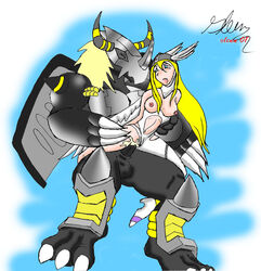 2001 angewomon barefoot beige_skin black_skin blackwargreymon breasts carrying claws dark-skinned_male digimon female glenn hair interspecies long_hair male sex size_difference standing straight tagme yellow_hair