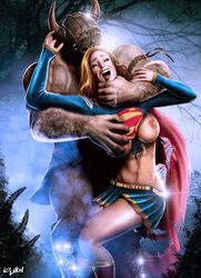 asphyxiation belly beltskirt blonde_hair breasts closed_eyes clothing crying dc defeated dying fighting forced horns isikol mouth_open nipples open_mouth ripped_shirt skirt small_breasts strangling supergirl tears tongue_out topless torn_clothes torn_clothing yellow_belt