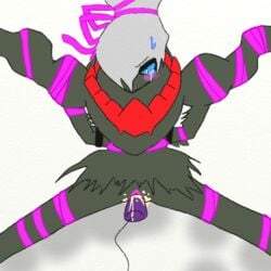 black_skin blue_eyes blush bondage crying darkrai nonhuman one_eye_covered pokemon pokemon_(species) pokemon_focus pokemon_only vibrator white_background