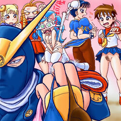 5girls blue_hair capcom chun-li clothing darkstalkers felicia_(darkstalkers) female human ingrid_(capcom) karin_kanzuki kenji_(red_earth) male medium_breasts mochi-iri_kinchaku multiple_girls no_panties pubic_hair red_earth sakura_kasugano skirt small_breasts straight_hair street_fighter