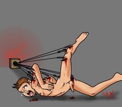 artist_request blood blood_stain brown_hair crying_male crying_with_eyes_open digital_drawing digital_media erection gore guro hellraiser lament_configuration naked naked_male nipples one_color_background open_mouth pain penis signature tagme tears_of_pain torture