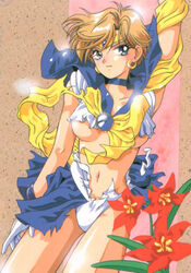 1990s 1994 20th_century bishoujo_senshi_sailor_moon blonde_hair blue_eyes blurry breasts clothing earrings female female_only flower haruka_tenou high_resolution jewelry p-arts sailor_uranus school_uniform seifuku serafuku short_hair small_breasts solo straight_hair torn_clothes underboob