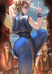 ass bracelet brown_eyes brown_hair capcom chun-li cloud hair_bun looking_at_viewer looking_back orionm outdoors pose public sky street_fighter street_fighter_alpha unitard