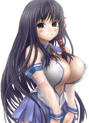 1girls 2chan areola_slip asanagi bb big_breasts black_hair breasts cleavage detached_sleeves erect_nipples fatalpulse female huge_breasts large_breasts long_hair os-tan skirt smile solo xp-tan