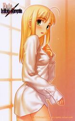 ahoge artoria_pendragon blonde_hair blush bottomless dress_shirt fate/hollow_ataraxia fate_(series) green_eyes shirt solo takeuchi_takashi type-moon