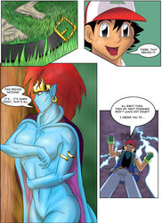 1boy 1girls blue_skin catapult_beetle comic crossover demona disney eastern_and_western_character female gargoyles male male/female nintendo pokemon pokerotica red_hair satoshi_(pokemon)