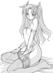 1girls ayano_naoto bed breasts detached_sleeves fate/stay_night fate_(series) female flat_chest garter_belt jewelry lingerie long_hair monochrome necklace nipples sketch solo thighhighs tied_hair tohsaka_rin topless twintails type-moon underwear