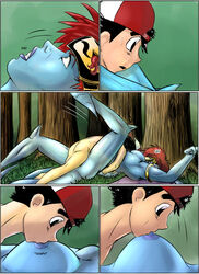 1boy 1girls athletic_female blue_skin calf_muscles catapult_beetle comic crossover demona disney eastern_and_western_character gargoyles interspecies interspecies_sex nintendo nipples outside pokemon pokerotica red_hair satoshi_(pokemon) sex straight straight_sex