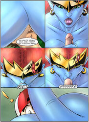 1boy 1girls blowjob blue_skin catapult_beetle comic crossover demona disney eastern_and_western_character female gargoyles male nintendo penis pokemon pokerotica red_hair satoshi_(pokemon) straight