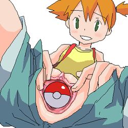 artist_request color female female_only game_freak green_eyes kasumi_(pokemon) looking_at_viewer misty_(pokemon) nintendo orange_hair poke_ball poke_ball_in_pussy poke_ball_insertion pokemon pokemon_rgby pussy short_hair short_orange_hair side_ponytail solo spreading_pussy suspenders tank_top torn_shorts white_background