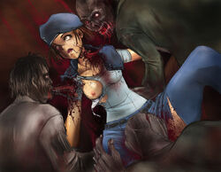 artist_request bite blood brown_hair capcom dead dead_eyes drooling dying eating eating_pussy exposed_breasts female flesh gore guro hard_vore hat human jill_valentine jill_valentine_(julia_voth) looking_at_viewer male open_mouth resident_evil ripped_clothing ripped_pants ryona straight tagme tears_of_pain zombie zombies