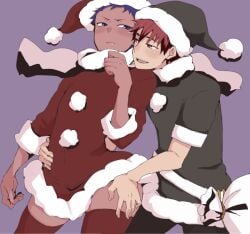 2boys aomine_daiki blue_eyes blue_hair christmas christmas_clothing christmas_outfit crossdressing daiki_aomine dark-skinned_femboy femboy gay kagami_taiga kuroko's_basketball kuroko_no_basuke male male_focus male_only red_eyes red_hair santa_costume santa_dress santa_hat taiga_kagami thighhighs twink yaoi