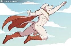 anthro ass balls boots canid canine canis cape clamcrusher clothing domestic_dog footwear fur genitals krypto krypto_the_superdog looking_up male male_only mammal mostly_nude muscular muscular_male nipples penis pink_nose sky solo white_body white_fur