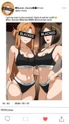 2girls ai_generated blacked blacked_clothing bob_cut brown_hair censored_eyes cheating cheating_girlfriend cheating_wife english_text long_hair milf mother_and_daughter orange_hair qos_asuna queen_of_spades short_hair social_media standing sword_art_online twitter yuuki_asuna yuuki_kyouko