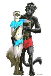 2004 2boys anthro ayame_emaya bigger_male black_body black_fur black_nose claws clothes clothing duo felid feline ferret fluffy_tail furry gay gloves_(marking) interspecies long_tail male male/male mask_(marking) mustelid nipple panther pantherine penis penis_peek pink_nose shirt shirt_lift shorts size_difference skinny_tail smaller_male socks_(marking) t-shirt tail toe_claws undressing yaoi