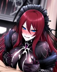 ai_generated big_breasts blue_eyes blush blushing_at_partner boobjob cum cum_on_breasts dominant_female domination dominatrix drooling goth goth_girl gothic gothic_girl hands_on_breasts original_character red_hair