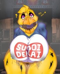 animatronic anthro avian beak big_breasts bird blue_clothing blue_topwear bodily_fluids bottomless breasts chicken clothed clothing dialogue exposed_endoskeleton eyelashes eyeshadow female five_nights_at_freddy's five_nights_at_freddy's_2 galliform gallus_(genus) genital_fluids genitals head_feathers head_tuft hi_res huge_breasts lactating lactating_through_clothing lactation looking_at_viewer machine makeup phasianid pubes purple_eyes purple_eyeshadow pussy pussy_juice raul_maduro robot scottgames solo sugoi_dekai text thick_thighs topwear tuft wet wet_clothing white_clothing white_topwear wide_hips wire withered_chica yellow_body