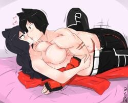 1boy 1girls black_hair black_hair_female blake_belladonna breasts cat_ears cum cum_in_pussy cum_inside faunus half-dressed half_naked jin_satou kissing long_hair long_hair_female missionary_position penetration rwby scars sex yellow_eyes zronku