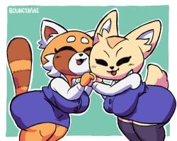 aggressive_retsuko aggretsuko ailurid animated anthro beady_eyes big_breasts black_eyes blue_bottomwear blue_clothing blue_skirt blue_topwear blush blush_lines bottomwear bouncing_breasts bouncymae breasts brown_body brown_fur canid canine cheek_tuft closed_eyes clothed clothing cute duo eyelashes facial_tuft female female_only fennec fenneko fox fur gif green_background hand_holding huge_breasts legwear looking_at_viewer mammal markings netflix open_mouth orange_body orange_fur purple_clothing purple_legwear purple_thigh_highs red_panda retsuko sanrio shirt short_playtime simple_background skirt striped_markings striped_tail stripes tail tail_markings tan_body tan_fur thick_thighs thigh_highs topwear tuft white_background white_body white_clothing white_fur white_shirt white_topwear wholesome wide_hips