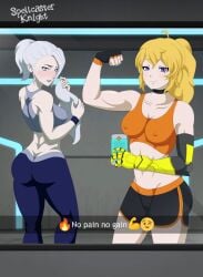 2girls blonde_female blonde_hair blue_eyes flexing flexing_bicep muscular muscular_female nipples_visible_through_clothing older_sister ponytail purple_eyes robotic_arm rwby showing_ass showing_off spellcaster_knight tank_top white_hair white_hair_female winter_schnee yang_xiao_long yoga_pants