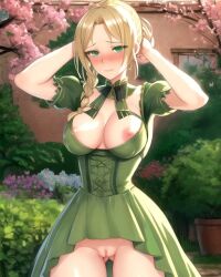 ai_generated blonde_hair blush blushing_at_viewer braided_hair breasts breasts_out_of_clothes breasts_popping_out cherry_blossoms garden green_dress green_eyes original_character ponytail